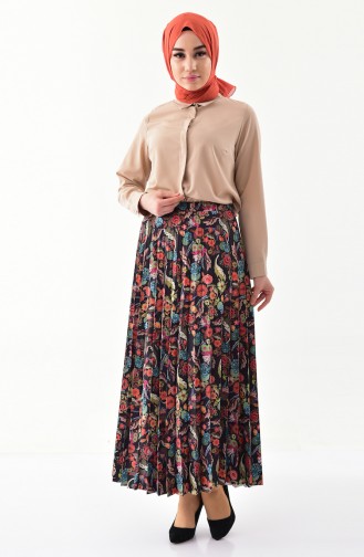 Patterned Pleated Skirt 1008-01 Black Green 1008-01