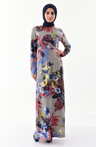 فستان كاجوال بتصميم مُطبع 1002-02 لون بيج فاتح وكحلي مائل للنيلي 1002-02