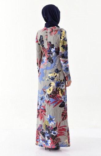 فستان كاجوال بتصميم مُطبع 1002-02 لون بيج فاتح وكحلي مائل للنيلي 1002-02