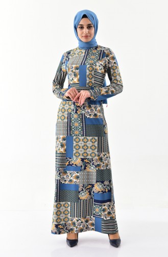 فستان كاجوال بتصميم مُطبع 1002B-01 لون نيلي 1002B-01