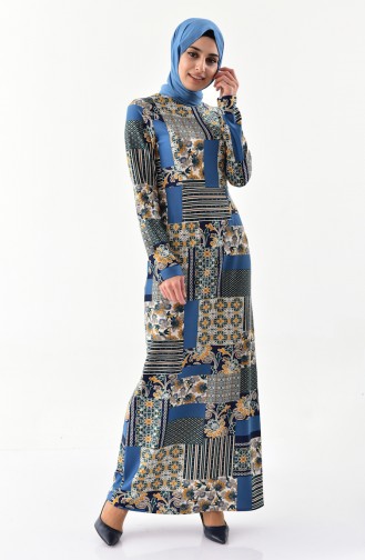 فستان كاجوال بتصميم مُطبع 1002B-01 لون نيلي 1002B-01