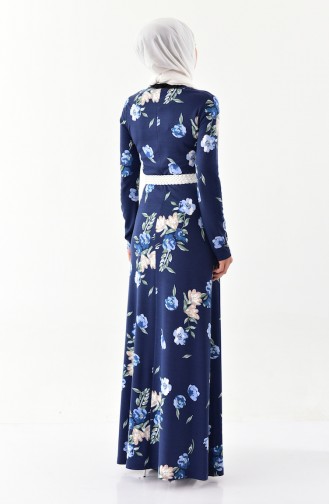 Patterned Belted Dress 1022-01 Navy Blue 1022-01