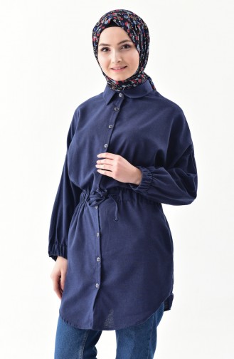 Pleated Waist Buttoned Tunic 0851-07 Navy Blue 0851-07