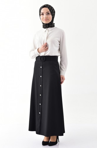 Button Detailed Belt Skirt 0403-06 Black 0403-06