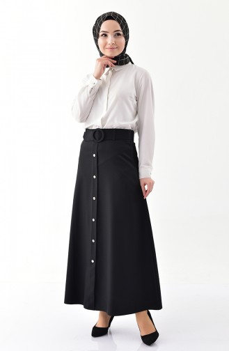 Button Detailed Belt Skirt 0403-06 Black 0403-06