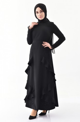 Dantel Detaylı Kuşaklı Elbise 0137-02 Siyah