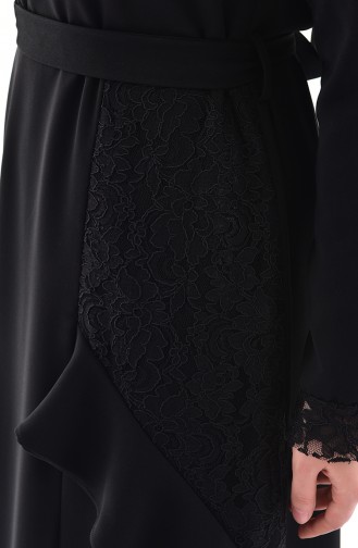Dantel Detaylı Kuşaklı Elbise 0137-02 Siyah