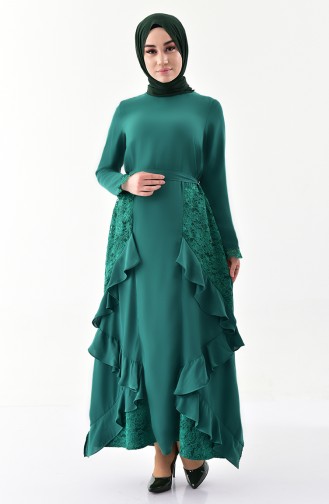 Lace Detailed Belted Dress 0137-03 Emerald Green 0137-03