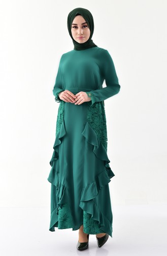 Lace Detailed Belted Dress 0137-03 Emerald Green 0137-03