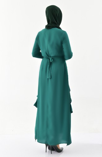 Dantel Detaylı Kuşaklı Elbise 0137-03 Zümrüt Yeşil