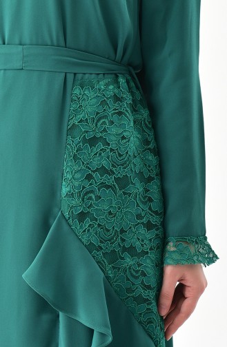 Dantel Detaylı Kuşaklı Elbise 0137-03 Zümrüt Yeşil