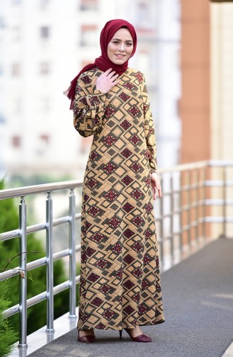 دلبر  فستان مُطبع بتصميم اكمام بالون 1101-04 لون اخضر كاكي وخمري 1101-04