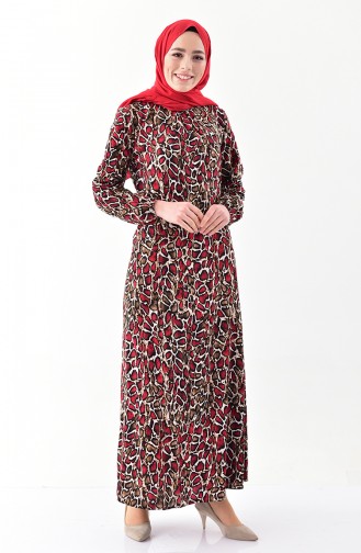 Leopar Desenli Elbise 0387-01 Kırmızı