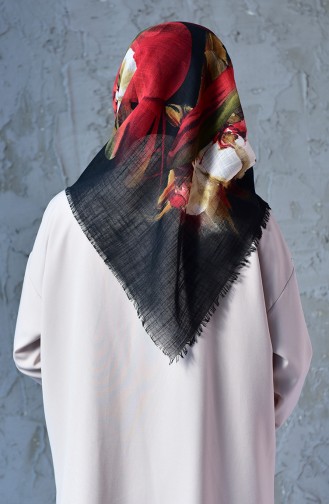 Orchid Pattern Flamed Cotton Scarf 2176-11 Black Red 2176-11