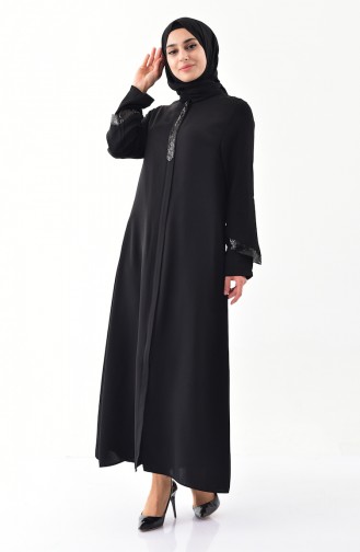 Sequin Detailed Zippered Abaya 1040-01 Black 1040-01