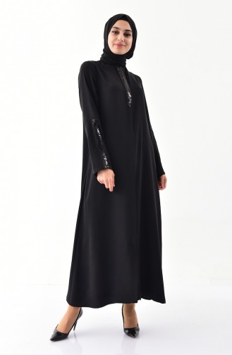 Abaya a Fermeture Détail Paillettes 1041-01 Noir 1041-01