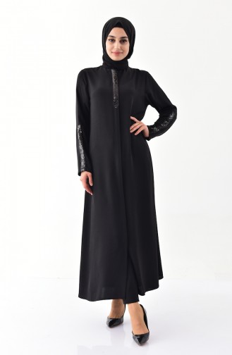 Pailletten detaillierte Abaya mit Reissverschluss 1041-01 Schwarz 1041-01