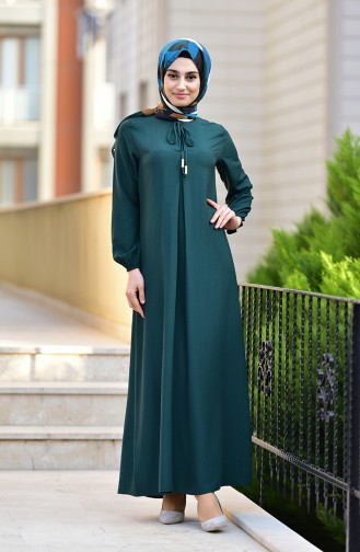 Kolu Lastikli Viskon Elbise 4505-05 Zümrüt Yeşili