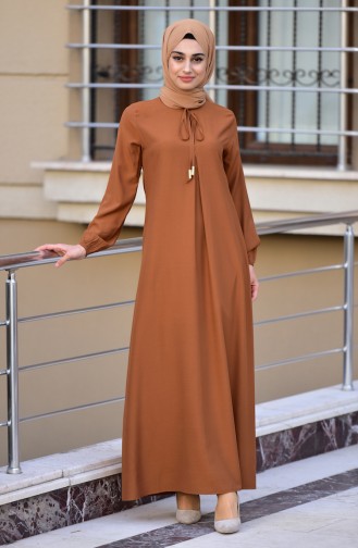 فستان بأكمام مطاطية مطوي بطية A أخضر تبغي 4536-06