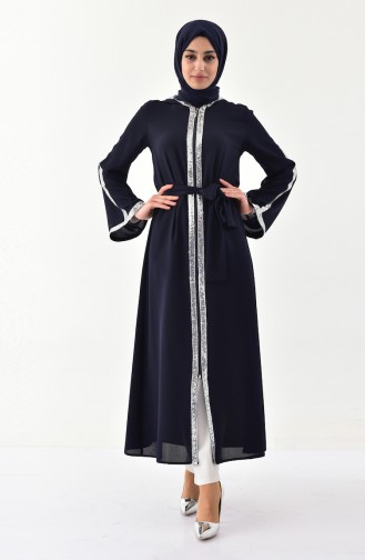 Abaya Détail Paillettes à Capuche 61276-04 Bleu Marine Foncé 61276-04