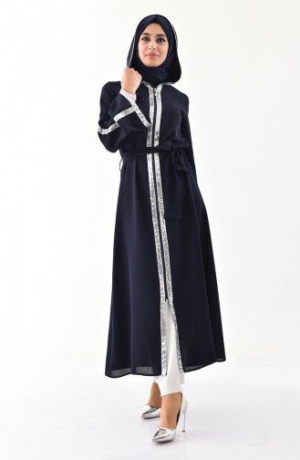 Abaya Détail Paillettes à Capuche 61276-04 Bleu Marine Foncé 61276-04