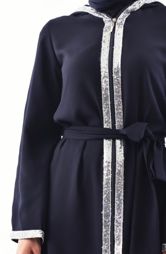 Abaya Détail Paillettes à Capuche 61276-04 Bleu Marine Foncé 61276-04