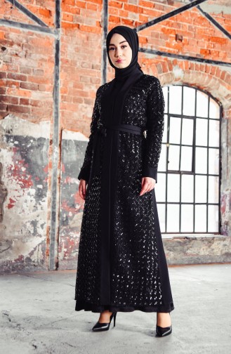 Payetli Kuşaklı Abaya 61278-01 Siyah