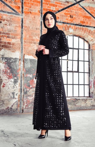 Payetli Kuşaklı Abaya 61278-01 Siyah