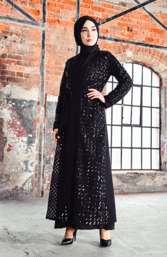 Abaya a Ceinture et Paillettes 61278-01 Noir 61278-01