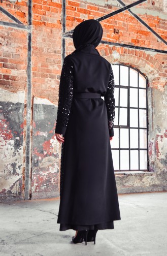 Payetli Kuşaklı Abaya 61278-01 Siyah