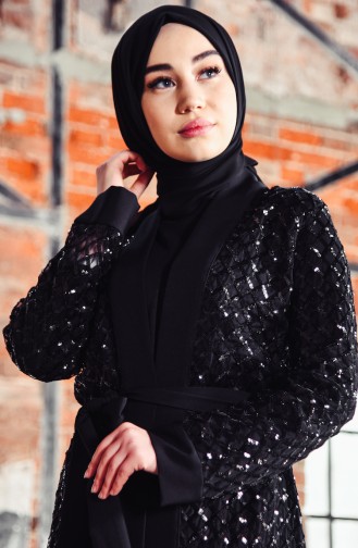 Payetli Kuşaklı Abaya 61278-01 Siyah