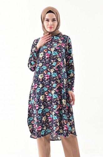 Floral Patterned Tunic 0262-01 Navy Blue 0262-01
