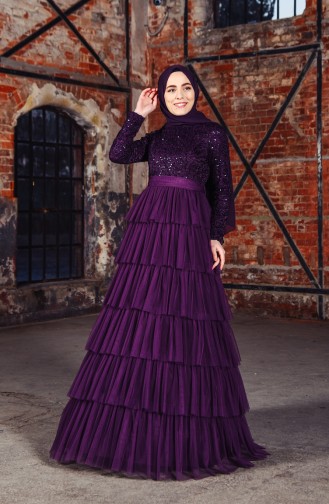 Sequin Detailed Evening Dress 52735-03 Purple 52735-03