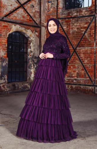 Sequin Detailed Evening Dress 52735-03 Purple 52735-03
