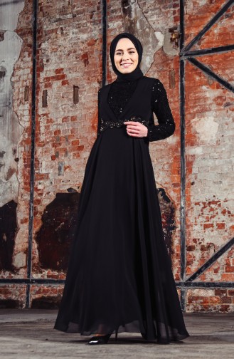 Şifon Abiye Elbise 52701-02 Siyah
