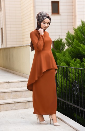 Asimetrik Tunik Etek İkili Takım 2727-01 Taba