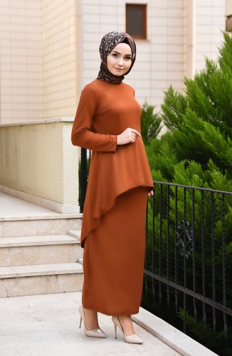 Asimetrik Tunik Etek İkili Takım 2727-01 Taba