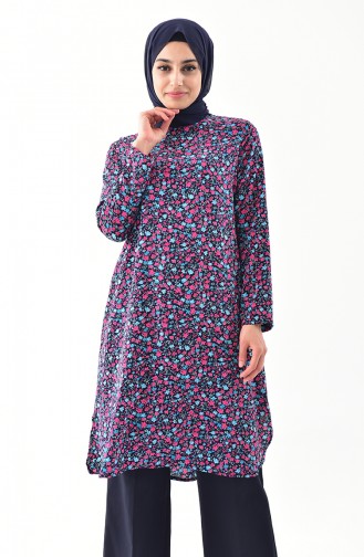 Floral Tunic Pants Binary Suit  4001-02 Navy Blue Fuchsia 4001-02