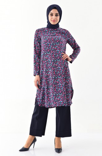 Çiçekli Tunik Pantolon İkili Takım 4001-02 Lacivert Fuşya 4001-02