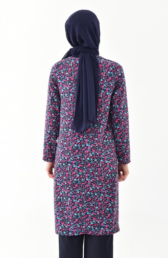Çiçekli Tunik Pantolon İkili Takım 4001-02 Lacivert Fuşya 4001-02