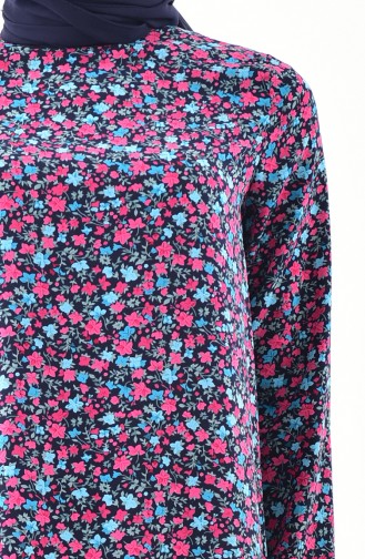 Ensemble Deux Pieces Pantalon Tunique a Motifs 4001-02 Bleu Marine Fushia 4001-02