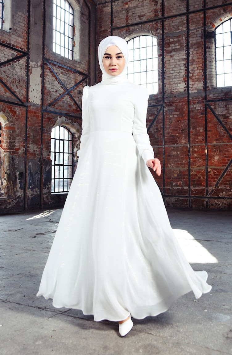 White Islamic Clothing Evening Dress 7236 01 Sefamerve