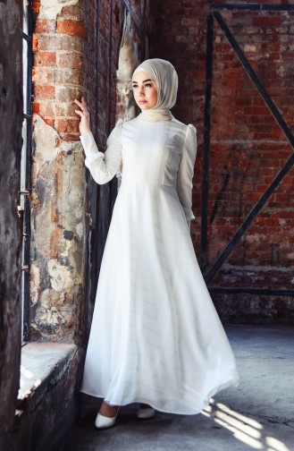 Ecru Hijab Evening Dress 7236-02