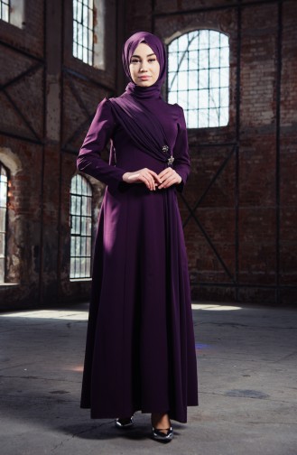 BURUN Brooch Detailed Evening Dress 81648-01 Purple 81648-01