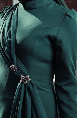 BURUN Brooch Detailed Evening Dress 81648-03 Emerald Green 81648-03