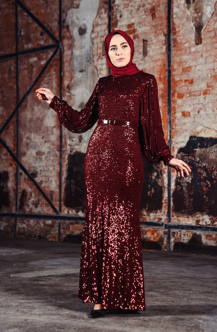 Payetli Abiye Elbise 81653-02 Bordo