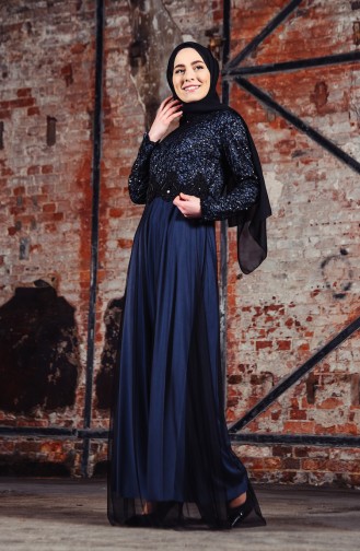 Lace Detailed Evening Dress 3851-01 Navy 3851-01