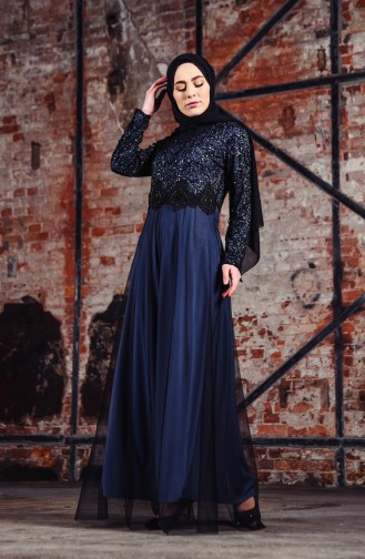 Lace Detailed Evening Dress 3851-01 Navy 3851-01