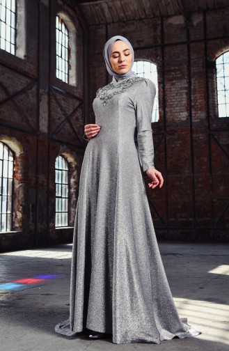 Taş Detaylı Simli Abiye Elbise 7057-01 Gümüş