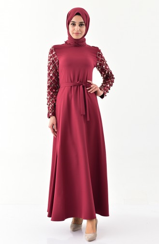 Kol Detaylı Kuşaklı Elbise 8818-03 Bordo